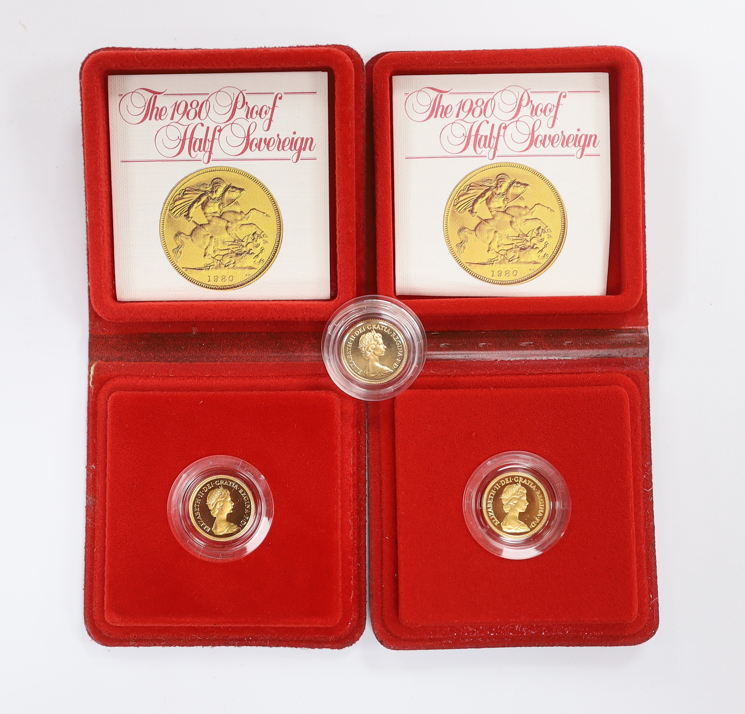 British gold coins - Two Royal Mint QEII Gold Proof Half Sovereigns, both 1980, both with case of issue and another proof gold half sovereign, 1982, without case (3)